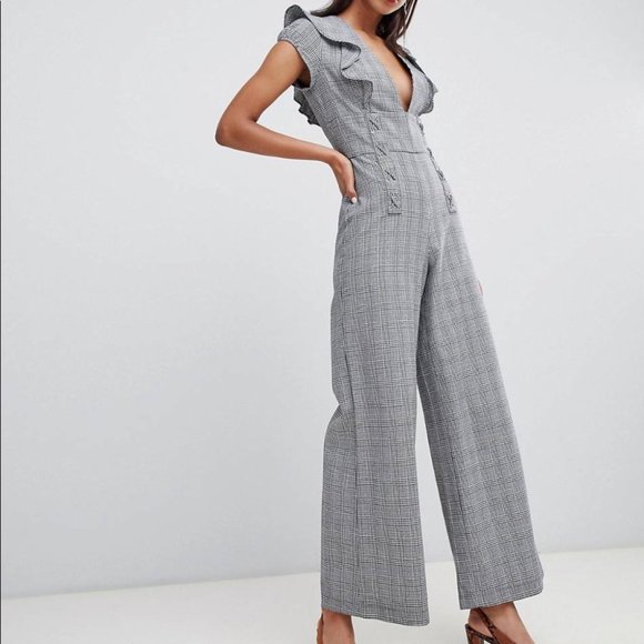 ASOS Current Air Check Plaid Jumpsuit Pants Short Sleeve Ruffle Deep V Neck M - Picture 2 of 16